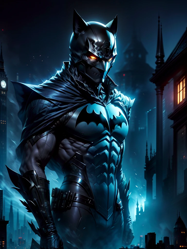 A dark and mysterious city at night, with gothic architecture that towers into the moonlit sky. In the foreground, a masked vigilante stands on a rooftop, overlooking the city. Dressed in a dark, armored suit, the vigilante's cape billowing in the wind. This character is not Batman, but an original character, with distinguishing features that set him apart: his suit is a deep shade of blue, and his mask is more streamlined, giving him a unique silhouette. A signal light flashes in the sky, silhouetting a nimble black feline against the bright moon. This is meant for a YouTube video thumbnail.