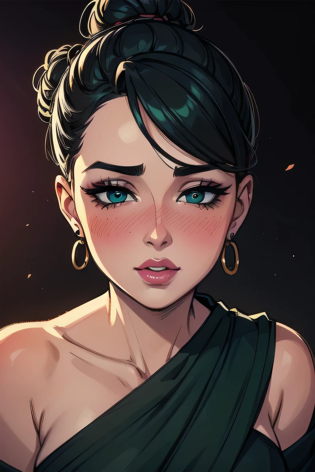Amazing portrait of a sexy woman with a beautiful face emphasized by amazing makeup and beautifully detailed eyes with perfect lips wearing her black hair in a messy bun blushing intensely as she's flustered and lustful wearing some elegant earrings and a black blouse paired with a sheer dark green saree making her look hot with vibrant colors and soft lighting