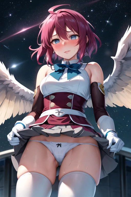 One girl, Magical girl, panties,Skirt Lift,((Under the skirt)),((Panty shot)),(White panties),((Small panties)),白いレースのpanties, Big Breasts, Thick thighs, Blue Hair, Medium Hair, Air intakes, Green Eyes, White shirt, Exposing shoulders, Blue bow tie, Black corset, White gloves, Elbow hand pockets, Blue Skirt, Pleated skirt, White knee socks, Energy Wing, White Wings, Humidity, Sweat, Lips parted, blush, From below, Looking to the future, Motion Blur, (Finding, Jumping), whole body, building, (Glowing Skin), Highly detailed night city background,