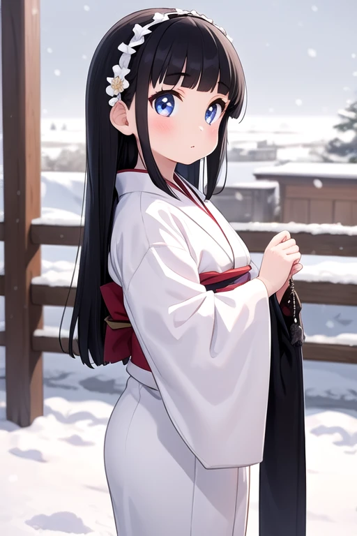 One girl,cute,White kimono,Iris,Thick eyebrows,Long black hair,Blunt bangs,View Viewer,Snow Scene,