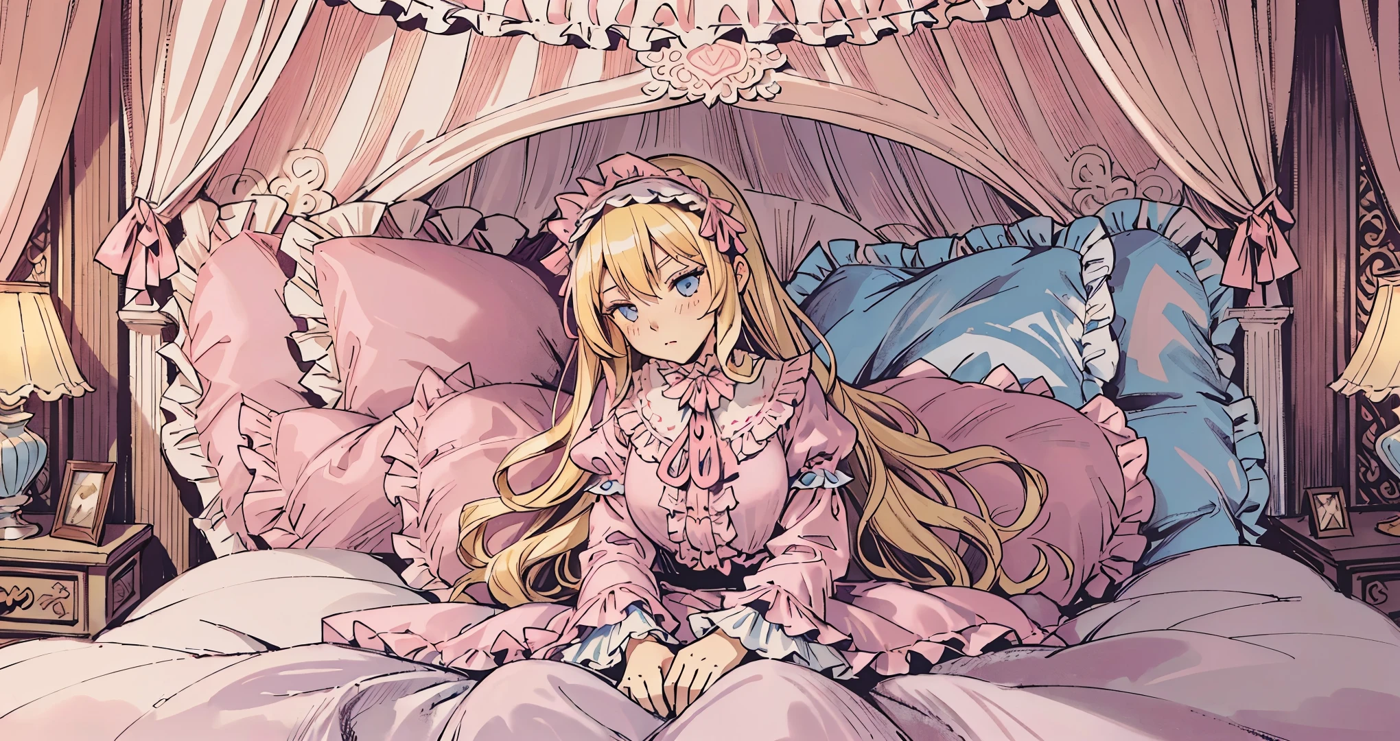 ,highest quality, masterpiece, Highest Resolution, artwork, super それにGet used to it, many Get used to it, Get used to it, それにGet used to it, 3K anime illustrations,(( 10 year old girl)),Super detailed baby face,high quality small face,long blonde hair that grows to the waist,blue eyes,White skinned European,pajamas, European,(((Super long blonde hair))),Curly Hair,blue eyes,((((Pink silk satin lolita fashion long skirt one piece dress)))),((Pink silk satin dress with lots of ruffles and ribbons)),((A gorgeous headdress with frills and ribbons)),Detailed headdress,,(((Large yoke collar))),Yoke collar with ruffles and bow,((((Long sleeve)))),Ruffle sleeves,((((Long skirt)))),White ruffle and lace socks,Large silk satin ruffle pillow,(((Nice pink outfit))),On a luxurious canopy bed,Canopy bed,The bed is surrounded by luxurious curtains.,The bed is decorated with silk satin ruffle pillows,There are many pink frilly pillows behind the girl,Highly detailed background,Detailed bed,Soft pink silk satin comforter,Very fine soft frilly pillow,Beautiful girl illustration,Beautiful face in every detail,Thin Hair,Detailed eyes ,Detailed eyess,Mouth details, Arm details,Beautiful Hands,Detailed pillow,Large bed,Illustration on the bed, ,((((Round futon)))),((((A large, ruffled silk satin duvet covers the entire bed)))),Detailed comforter,Exquisite silk satin bed sheets,Soft bed,Before bedtime,Romantic atmosphere,Palace Bedroom,((((The lower half of the body is hidden under the fluffy futon.....)))) The girl is leaning against a pile of pillows, ,((((Round futon)))),((((A large frilly futon that covers the entire bed)))),Soft and shiny silk satin fabric,