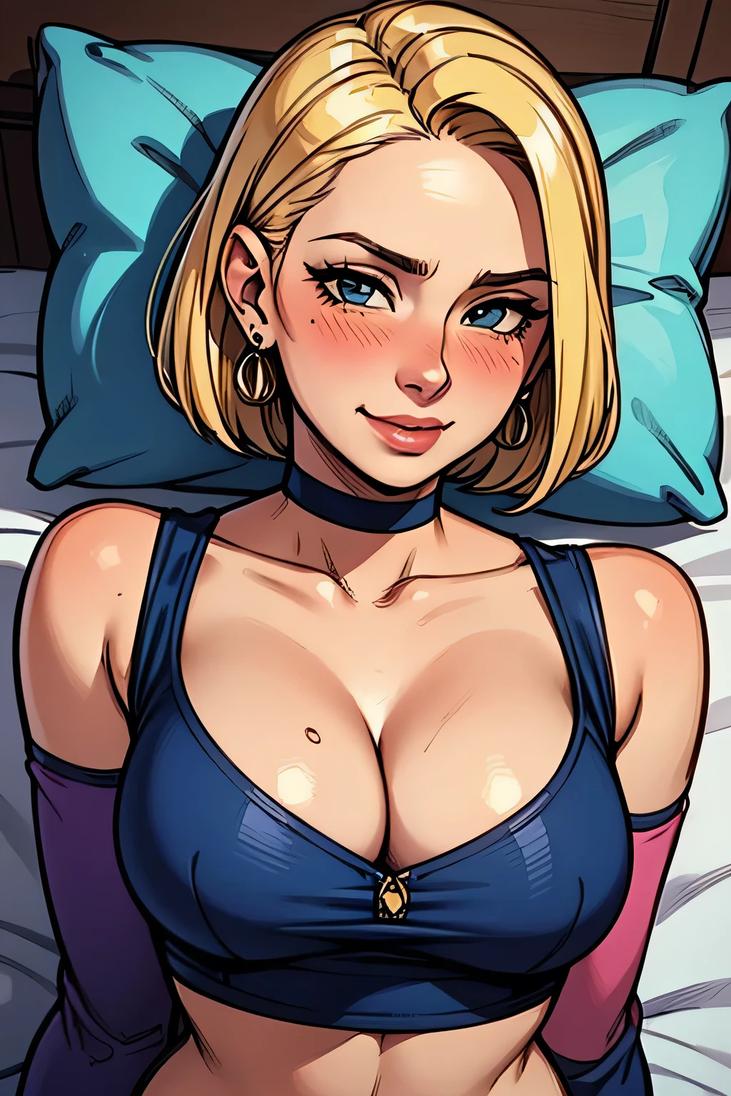 Amazing portrait of a sexy and cute woman with a beautiful face and an intense gaze smiling at us and blushing with her short blonde hair in a bob wearing some elegant earrings and a white full sleeve crop top showcasing her cleavage and a denim miniskirt lying on the bed with her head resting on a pillow facing us having medium chest with cleavage and a perfect body