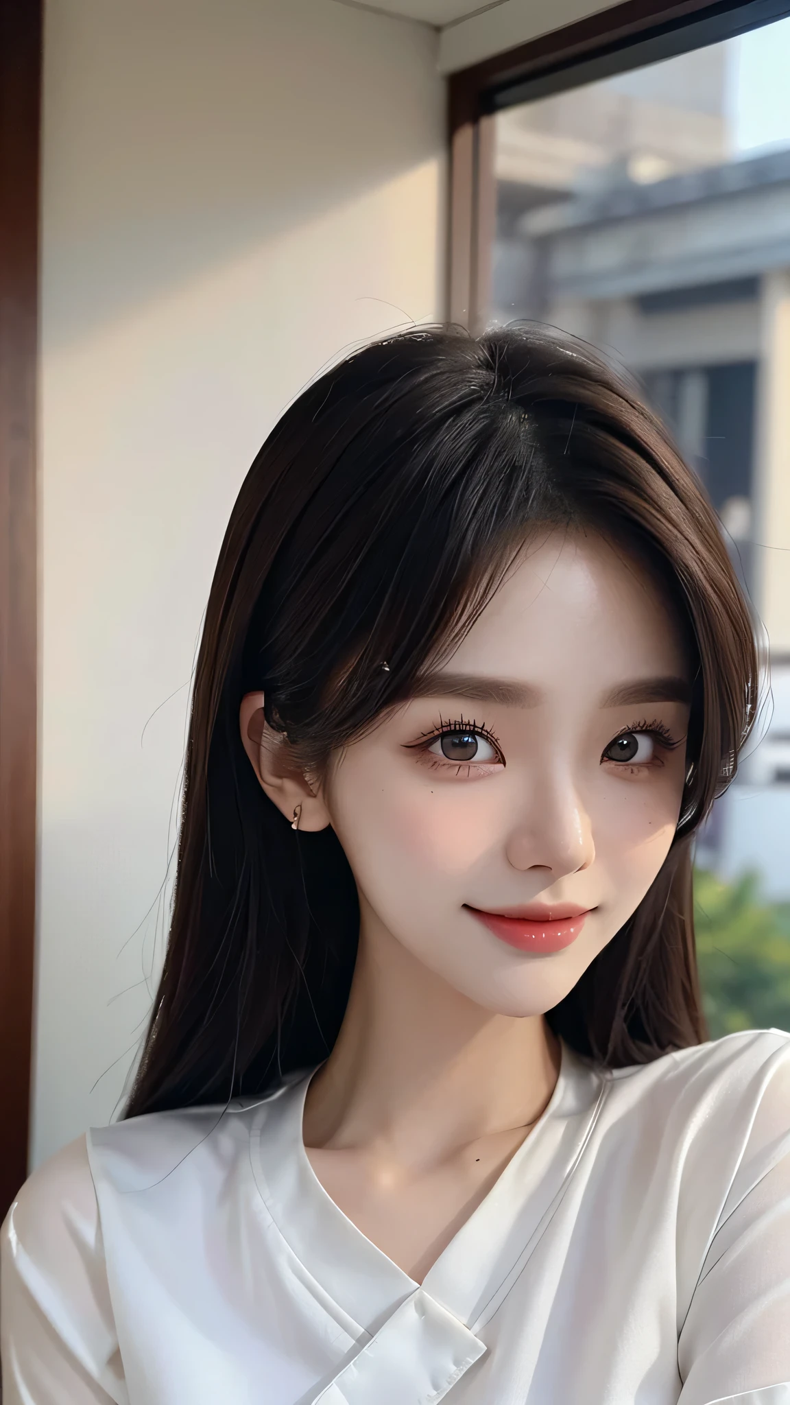 masterpiece、top-quality)、1 beautiful girl, (Detailed beautiful eyes), ((Detailed skin)) , ((Detailed medium hair)), in the white villa、((Boyish Brown Medium Hair))、((Smaller face))、((Neutral face))、((Face seen from the side))、((Light brown eyes))、((Korean Girl))、((18year old))、((shirt and short))、((A shy smile on his face))、((Korean Makeup))、((elongated and sharp eyes))、((Happy dating))、((boyish))、((Shot from the same height as your face)、full body , RAW photos, on the white villa ), ((CG rendering)), ((Blurred background)), ((16K)), ((Very detailed)), ((wallpaper)), ((depth of field)), ((movie light)), (( Ray tracing)).