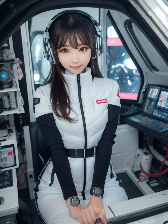 masterpiece, highest quality, Very detailed, 8K Portrait,Japanese Android Girl,plump , Control panel,Robotic arms and legs, Blunt bangs,,break (Metallic Gray, Metallic luster, Mirror finish, Astro Best):5,headphone:5,break (Black sleeves):100,Smart Watches,Futuristic space station,Control Room,break headphone,blue eyes,(Black Hair):2,(Long Hair):1.3,View the viewer,(respirator),break blush:3,Hidden Hand,smile