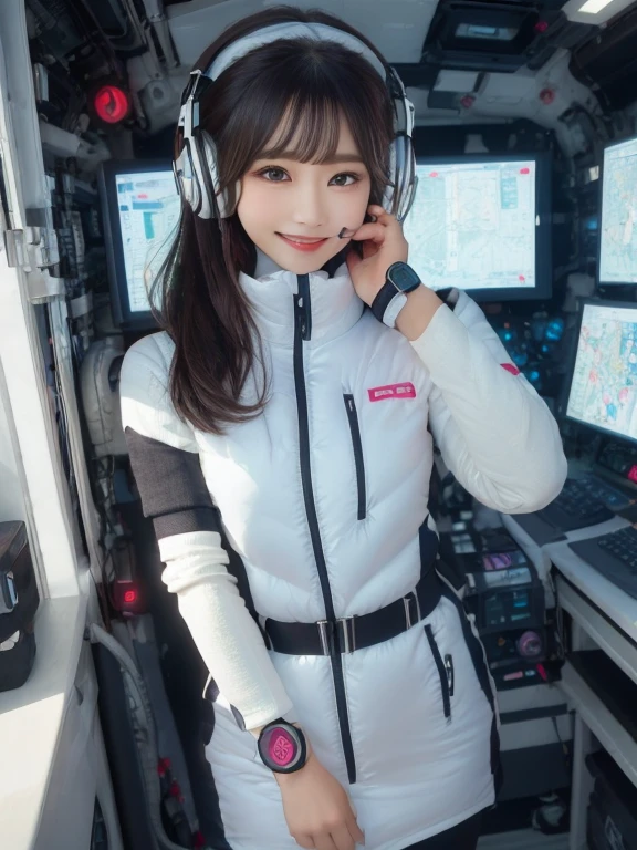 masterpiece, highest quality, Very detailed, 8K Portrait,Japanese Android Girl,plump , Control panel,Robotic arms and legs, Blunt bangs,,break (Metallic Gray, Metallic luster, Mirror finish, Astro Best):5,headphone:5,break (Black sleeves):100,Smart Watches,Futuristic space station,Control Room,break headphone,blue eyes,(Black Hair):2,(Long Hair):1.3,View the viewer,(respirator),break blush:3,Hidden Hand,smile