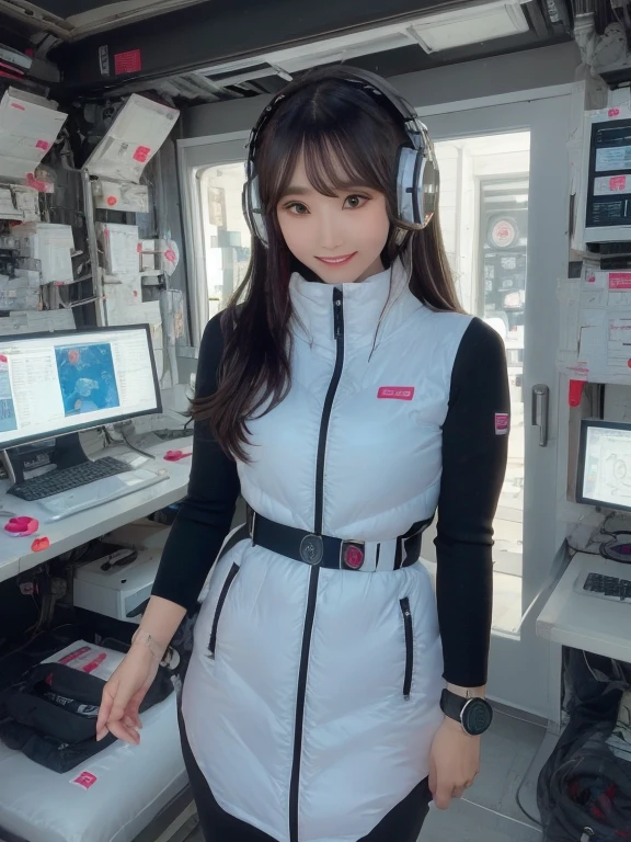 masterpiece, highest quality, Very detailed, 8K Portrait,Japanese Android Girl,plump , Control panel,Robotic arms and legs, Blunt bangs,,break (Metallic Gray, Metallic luster, Mirror finish, Astro Best):5,headphone:5,break (Black sleeves):100,Smart Watches,Futuristic space station,Control Room,break headphone,blue eyes,(Black Hair):2,(Long Hair):1.3,View the viewer,(respirator),break blush:3,Hidden Hand,smile