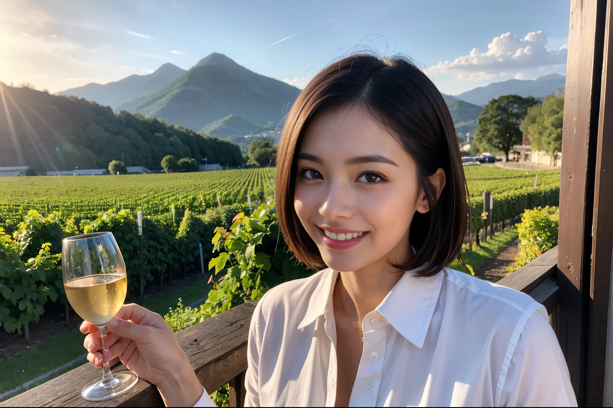 ((highest quality、8k、masterpiece:1.3))、1 male、1 female、Couple、Spouse、Couple、The body is slim、((Bob Hale、Straight hair:1.2)), (Realistic, Intricate details:1.2), テーブルの上のwine glass、Shine light on your face、 Amazing view of the sunset sky and clouds、Amazing mountain views、A bright smile、The wonderfulness of smile、Bright image、The beauty of wine, Beautiful Face, blue eyes, The light shines on your face, Blushing, short hair,Bright Face、 (Age 37), 39 years old, red wine 、Appetizers、Italian food、Wine bottle、Champagne、sparkling wine、Two beauties、Brown Hair、Shortcuts、Long sleeve shirt、dress、Pretty Woman 1, (slimな顔), (The body is slim), (Brown Hair), (Shortcuts), cheeks turn a little red,Attractive beauty、restaurant, In a prominent place (From the waist up) Nova Frog Style, actress, model, Upper Body, White wine, slim, wine glass, 中央に置かれたwine glass, smile, (smile: 1.15), Beautiful fine grain, Depth f/2,saturation, High Contrast, Strong light and shadow,Moist Body:1.5、3D texture、Delicate eyes、Brown Hair、The hair is very shiny、