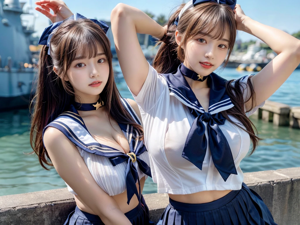 (((very heavy chest))),NSFW, 16k raw photos, highest quality, masterpiece, ultra high resolution, ((She is wearing Beautiful exposed redShe is wearing (a high school sailor uniform).
(navy sailor collar:1.4),(white shirt:1.4),(navy pleats skirt:1.4),(navy bow:1.4))).movie, ((2 girls, , 2 schoolgirls)),((attractive expression)),eyes shine、 looking at the viewer, natural skin texture very heavy chest))),((( metal black ribbon around the neck))).star handle mold、((yellow eyes)),Realistic eye and face details, lip whole, lipstick makeup), fluffy ponytail hair, laughter, Beautiful feet, tall woman, ((glowing skin)),((Beautiful armpit)), slim_feet, huge breasts, cleavage, beautiful natural places, beautiful flower garden、(detailed background,highly exposed, huge breasts, blurred background,, JK ribbon on the neck, jk ribbon, golden hair, bracelet, water, bangs, split your lips、armpit、beautiful hip line、glowing skin、(((eyes shine brightly))),lotion skin、High leg、((black hair)),highly exposed、Skimpy pink luxury fur coat、beautiful sea background、wind effect、