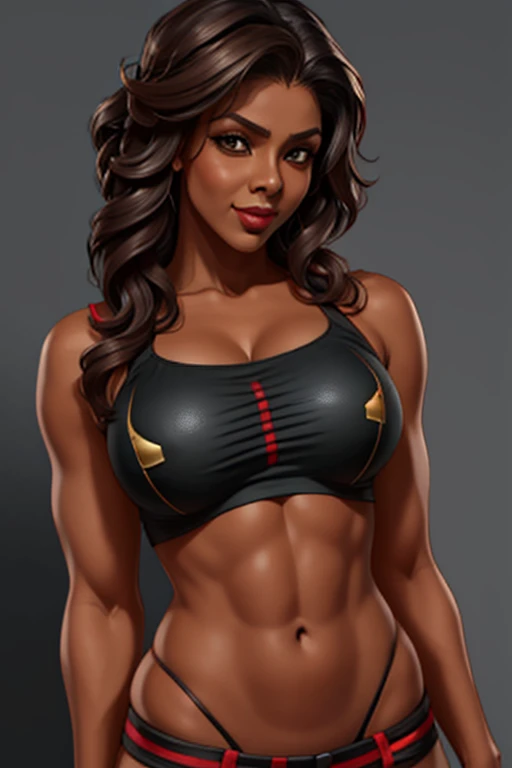 (1 garota), seios grandes, bronzeado, moist skin, Pele suada, cabelo loiro ondulado, camiseta punk, garota punk, Muscles, abdomen, olhos brilhantes