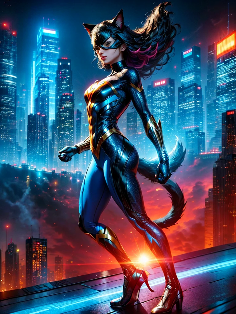 A superhero character resembling a cat, with vibrant colors and unique characteristics. The superhero should have a sleek costume, indicative of its feline inspiration, with visual elements such as a tail, ears, and possibly claws. The surroundings are a cityscape, under a bright blue sky. This superhero is standing tall on a rooftop, ready to leap into action.