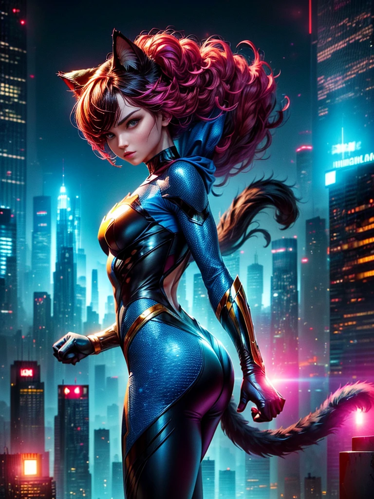 A superhero character resembling a cat, with vibrant colors and unique characteristics. The superhero should have a sleek costume, indicative of its feline inspiration, with visual elements such as a tail, ears, and possibly claws. The surroundings are a cityscape, under a bright blue sky. This superhero is standing tall on a rooftop, ready to leap into action.