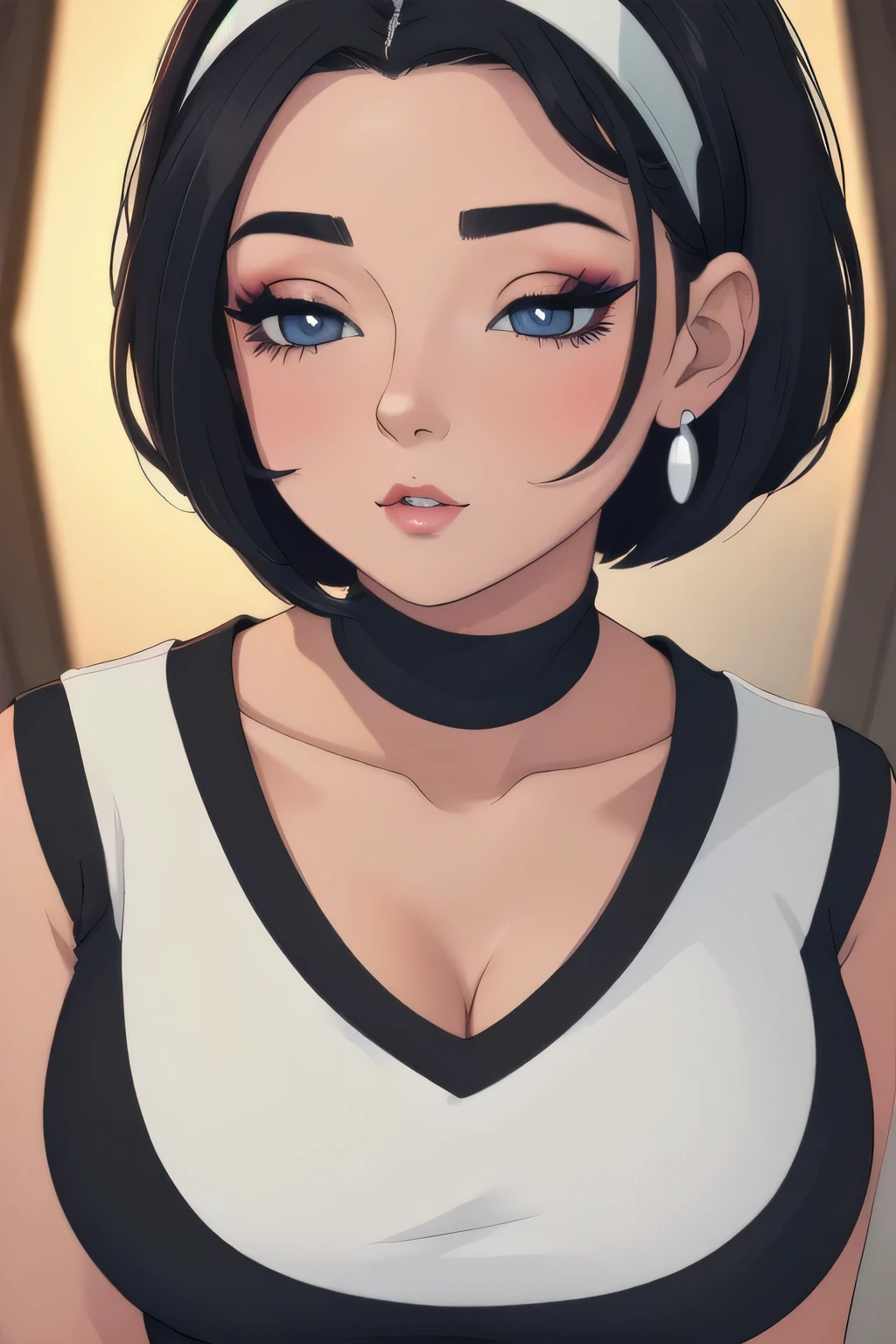  Amazing portrait of a  woman with a beautiful face emphasized by amazing makeup and beautifully detailed eyes with perfect lips wearing her short black hair in a bob with a white hairband blushing intensely as she's flustered and lustful wearing some elegant earrings and a black sleeveless sweater accentuating her medium chest paired with a cream skirt that accentuates her thick curvy body making her look hot with vibrant colors and soft lighting