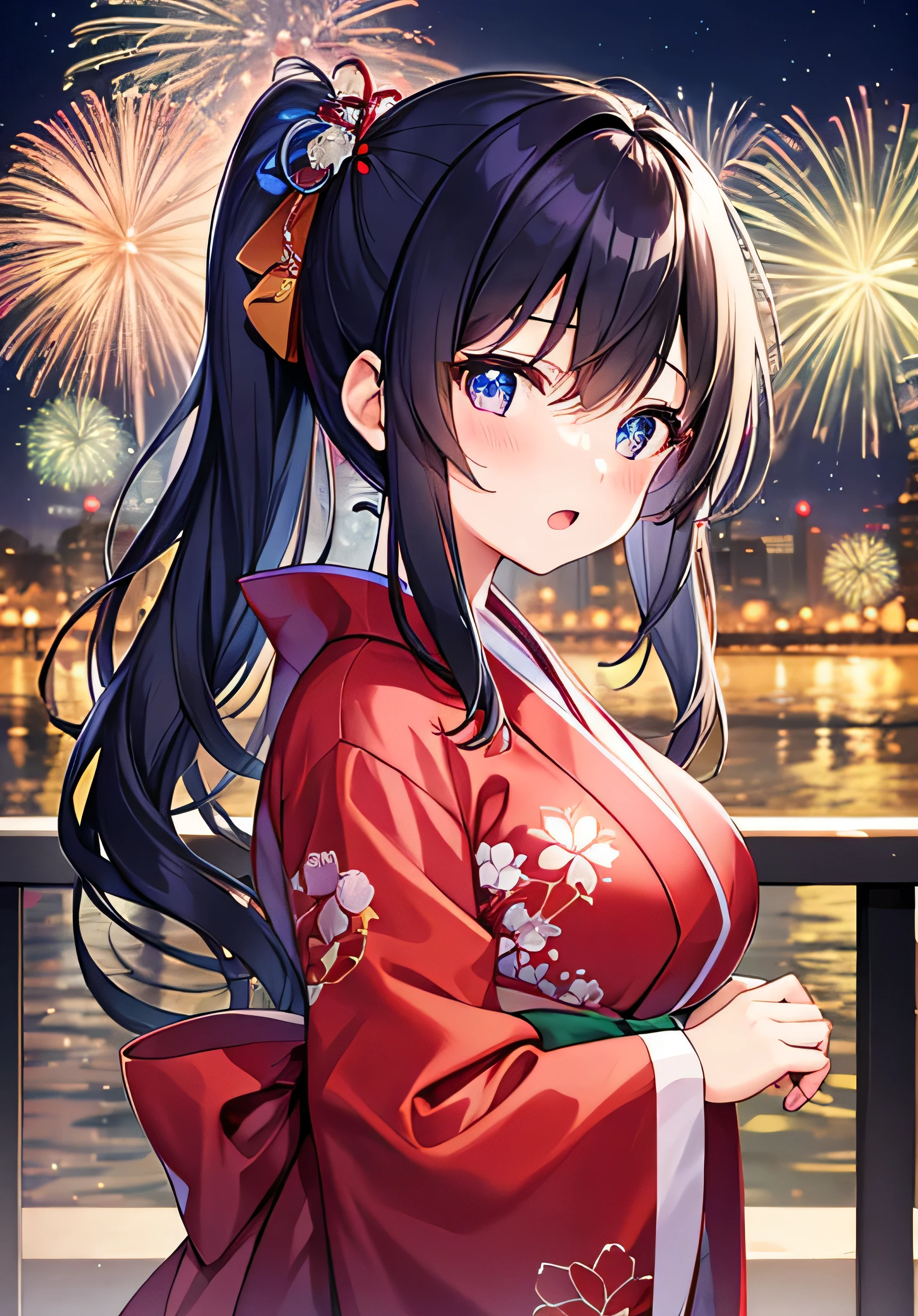 masterpiece、Highest quality、Ultra-high resolution、age girl with big breasts、twin tail hairstyle、black hair、Red face、shyly、open your mouth just a little、kimono、fireworks