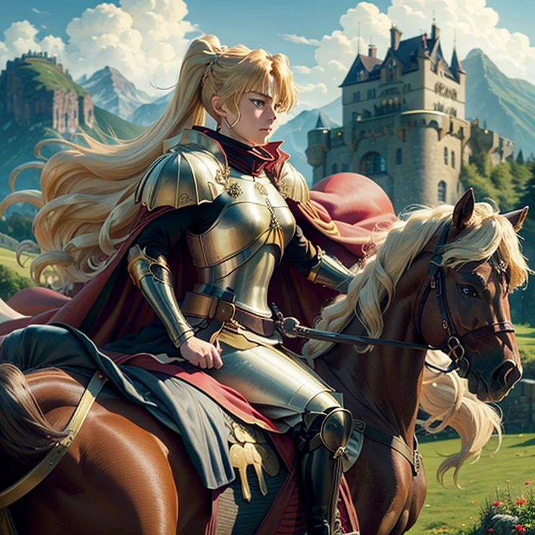 masterpiece, best quality, 1 Girl, clamp, Blonde Hair, long hair, Ponytail, Green Eyes, armor, cape, Solitary, Medieval castle, Swiss mountains background, riding a military horse