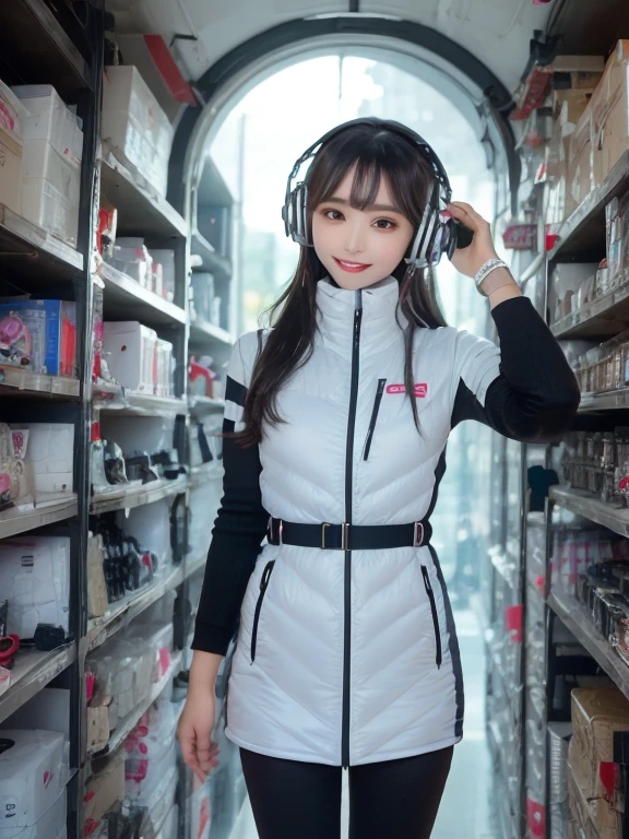 masterpiece, highest quality, Very detailed, 8K Portrait,Japanese Android Girl,plump , Control panel,Robotic arms and legs, Blunt bangs,,break (Metallic Gray, Metallic luster, Mirror finish, Astro Best):5,headphone:5,break (Black sleeves):100,Smart Watches,Futuristic space station,Control Room,break headphone,blue eyes,(Black Hair):2,(Long Hair):1.3,View the viewer,(respirator),break blush:3,Hidden Hand,smile