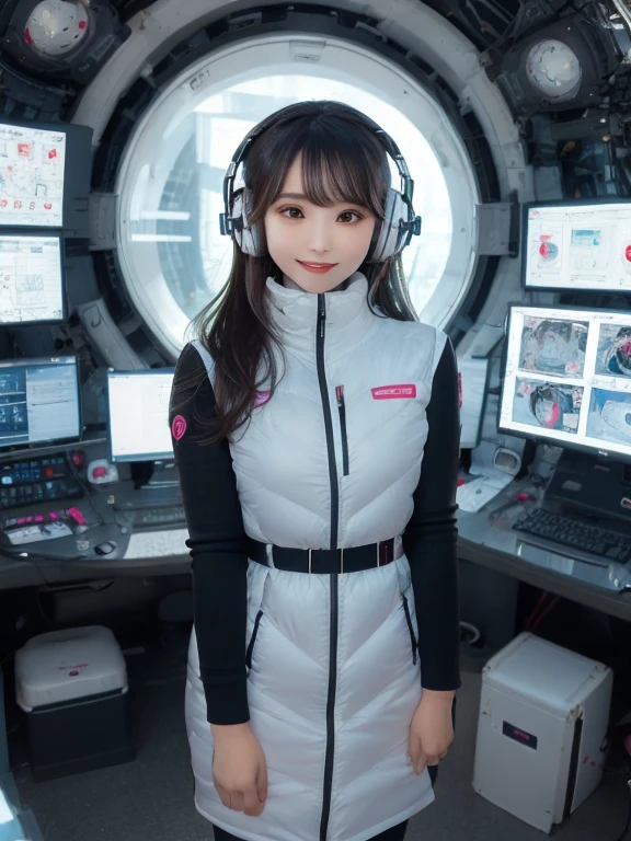 masterpiece, highest quality, Very detailed, 8K Portrait,Japanese Android Girl,plump , Control panel,Robotic arms and legs, Blunt bangs,,break (Metallic Gray, Metallic luster, Mirror finish, Astro Best):5,headphone:5,break (Black sleeves):100,Smart Watches,Futuristic space station,Control Room,break headphone,blue eyes,(Black Hair):2,(Long Hair):1.3,View the viewer,(respirator),break blush:3,Hidden Hand,smile