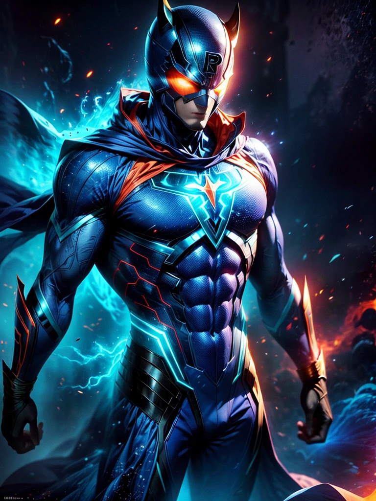 Illustrate a scene featuring a masked superhero, dressed in a striking blue suit with a cowl. The hero wears a mask with eyes that show noticeable emotion. A standout feature of this superhero is his ability to control blue fire. This ethereal fire emanates from his body, adding to his striking visual appearance, but interestingly has no detrimental effect on his suit. His aura radiates with intense energy, highlighted with hues of blue and orange. For the backdrop, design a cityscape under the soft glow of a twilight sky, thereby adding to the dramatic aesthetic that perfectly complements this powerful character.