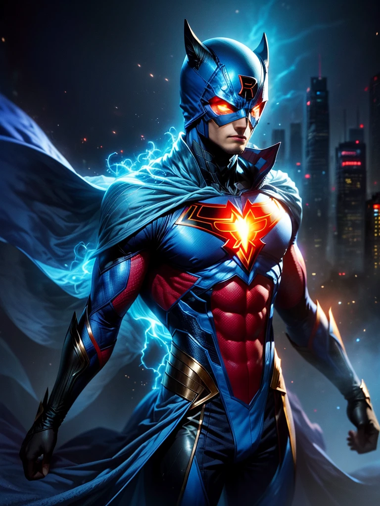 Illustrate a scene featuring a masked superhero, dressed in a striking blue suit with a cowl. The hero wears a mask with eyes that show noticeable emotion. A standout feature of this superhero is his ability to control blue fire. This ethereal fire emanates from his body, adding to his striking visual appearance, but interestingly has no detrimental effect on his suit. His aura radiates with intense energy, highlighted with hues of blue and orange. For the backdrop, design a cityscape under the soft glow of a twilight sky, thereby adding to the dramatic aesthetic that perfectly complements this powerful character.
