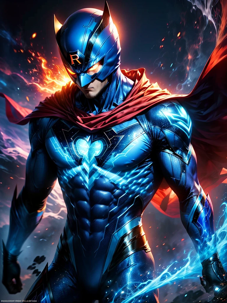 Illustrate a scene featuring a masked superhero, dressed in a striking blue suit with a cowl. The hero wears a mask with eyes that show noticeable emotion. A standout feature of this superhero is his ability to control blue fire. This ethereal fire emanates from his body, adding to his striking visual appearance, but interestingly has no detrimental effect on his suit. His aura radiates with intense energy, highlighted with hues of blue and orange. For the backdrop, design a cityscape under the soft glow of a twilight sky, thereby adding to the dramatic aesthetic that perfectly complements this powerful character.