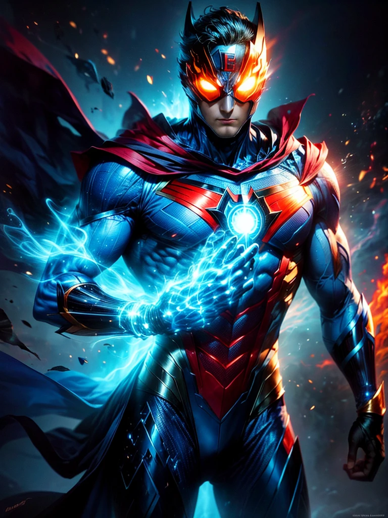 Illustrate a scene featuring a masked superhero, dressed in a striking blue suit with a cowl. The hero wears a mask with eyes that show noticeable emotion. A standout feature of this superhero is his ability to control blue fire. This ethereal fire emanates from his body, adding to his striking visual appearance, but interestingly has no detrimental effect on his suit. His aura radiates with intense energy, highlighted with hues of blue and orange. For the backdrop, design a cityscape under the soft glow of a twilight sky, thereby adding to the dramatic aesthetic that perfectly complements this powerful character.