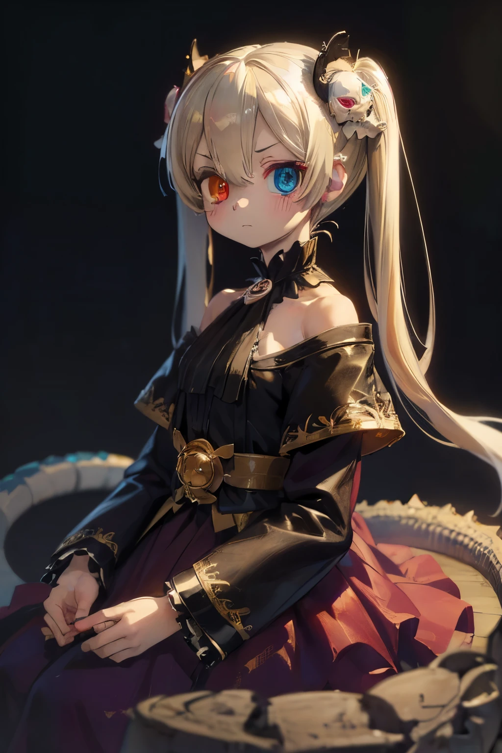 (masterpiece, highest quality, highest quality, Official Art, beautifully、aesthetic:1.2),(heterochromia:1.5),skyblue eye,gold eye,Blonde,Long twin tails,Young Girl,Small breasts,黒いゴシックLoriータ,Skull hair ornament,Dinosaur tail,Expressionless,Long skirt,About ,,Black tea