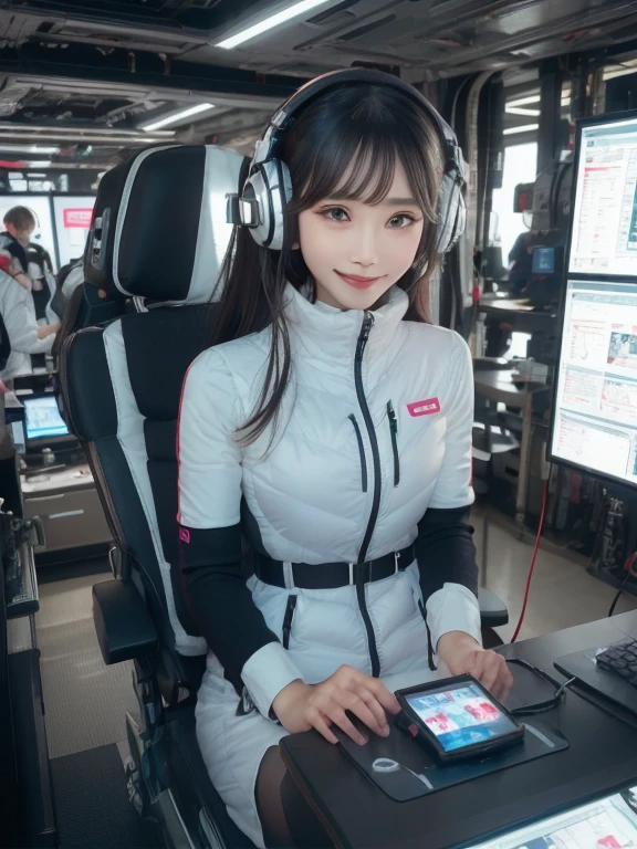 masterpiece, highest quality, Very detailed, 8K Portrait,Japanese Android Girl,plump , Control panel,Robotic arms and legs, Blunt bangs,,break (Metallic Gray, Metallic luster, Mirror finish, Astro Best):5,headphone:5,break (Black sleeves):100,Smart Watches,Futuristic space station,Control Room,break headphone,blue eyes,(Black Hair):2,(Long Hair):1.3,View the viewer,(respirator),break blush:3,Hidden Hand,smile
