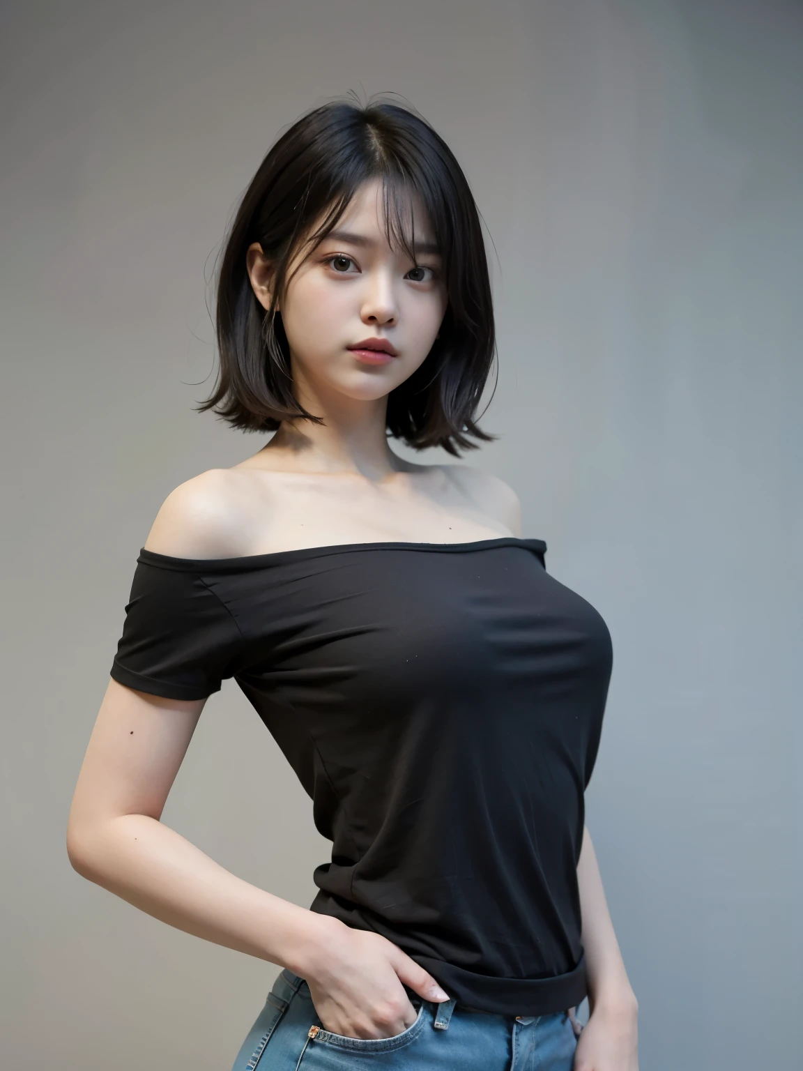 Cool beauty,Looks sweet, bob hair, wearing black t-shirt, full body photo, standing pose. Gray background