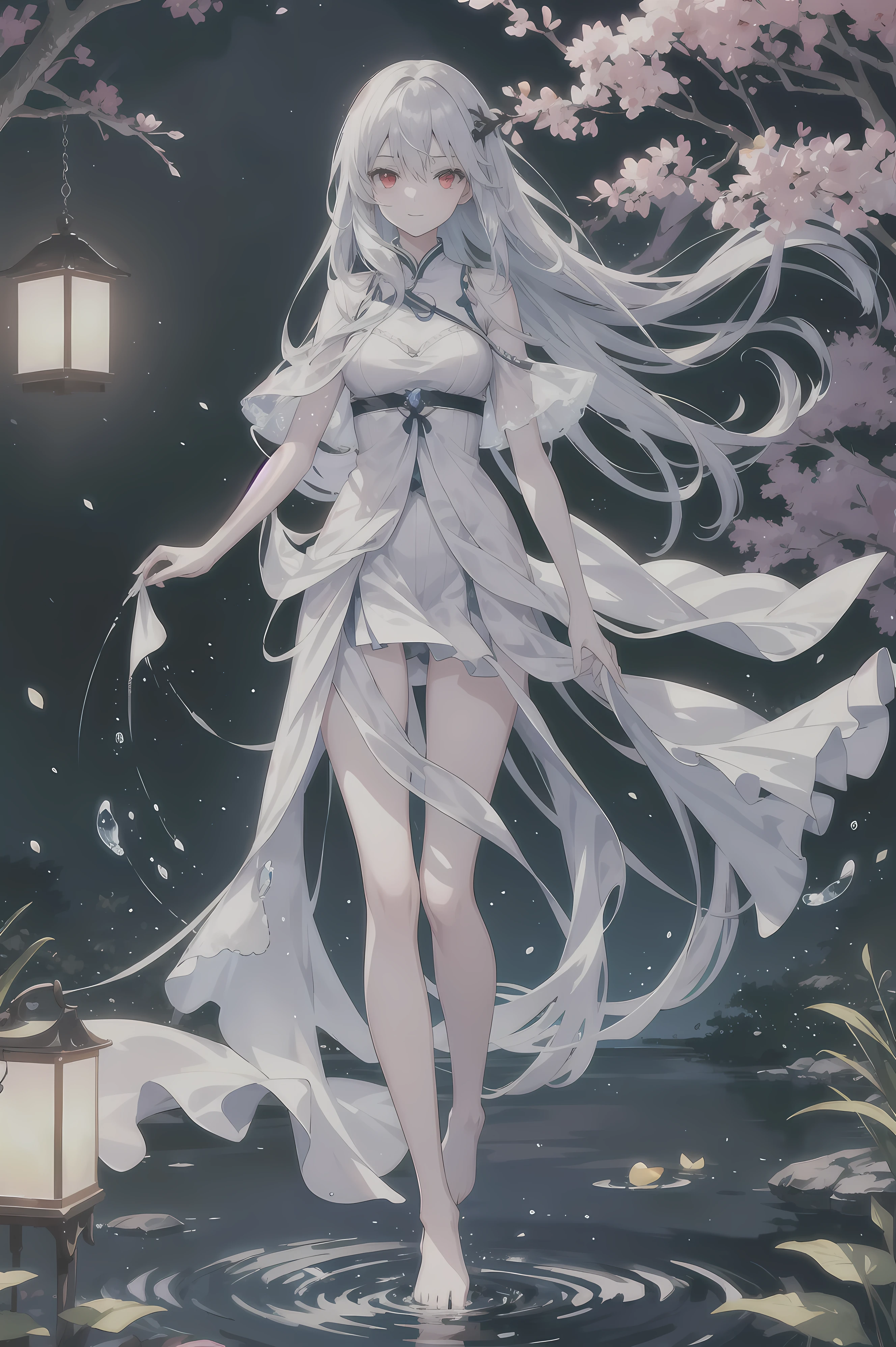 Dreamy and beautiful moonlight in the dark forest。View of a from above。(wet silver hair and red eyes)。smile slightly。She wore only a long transparent white cloth with beautiful lace trim。Soak the cloth in water。(splashing in the dark forest lake at night)。(Hair or clothes are wet)。splash。Wet strands of hair。dripping water drops。Fantastic fireflies floating in the air、Light also reflects from water。near method and far method。glitter effects。Dynamic composition with depth。extremely high quality、High level of image quality、extremely delicate。Rare workmanship,round,Room, firm breasts),barefoot,float,water surface,(long legs,long legs,long legs,Gestalt),full-body shot。standing posture