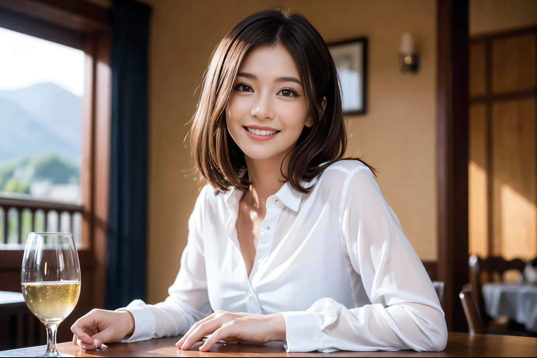 ((highest quality、8k、masterpiece:1.3))、1 male、1 woman who resembles Satomi Ishihara、Couple、Spouse、Couple、The body is slim、((Bob Hale、Straight hair:1.2)), (Realistic, Intricate details:1.2), テーブルの上のwine glass、Shine light on your face、 Amazing view of the sunset sky and clouds、Amazing mountain views、A bright smile、The wonderfulness of smile、Bright image、The beauty of wine, Beautiful Face, blue eyes, The light shines on your face, Blushing, short hair,Bright Face、 (42 years old), 39 years old, red wine 、Appetizers、Italian food、Wine bottle、Champagne、sparkling wine、Two beauties、Brown Hair、Shortcuts、Long sleeve shirt、dress、Pretty Woman 1, (slimな顔), (The body is slim), (Brown Hair), (Shortcuts), cheeks turn a little red,Attractive beauty、restaurant, In a prominent place (From the waist up) Nova Frog Style, actress, model, Upper Body, White wine, slim, wine glass, 中央に置かれたwine glass, smile, (smile: 1.15), Beautiful fine grain, Depth f/2,saturation, High Contrast, Strong light and shadow,Moist Body:1.5、3D texture、Delicate eyes、Brown Hair、The hair is very shiny、