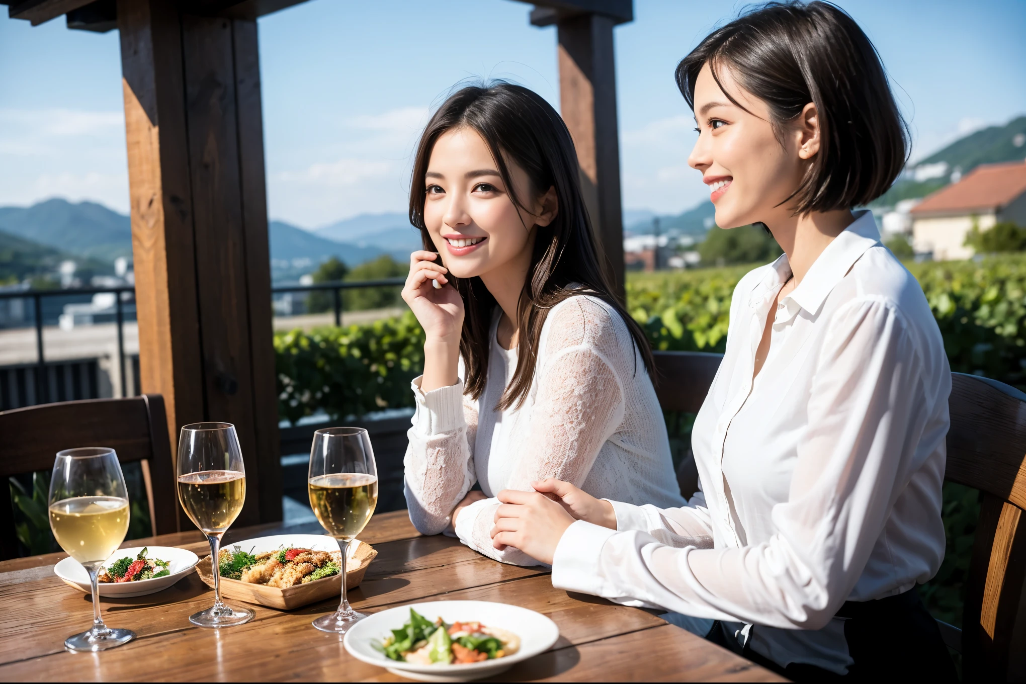 ((highest quality、8k、masterpiece:1.3))、1 male、1 woman who resembles Satomi Ishihara、Couple、Spouse、Couple、The body is slim、((Bob Hale、Straight hair:1.2)), (Realistic, Intricate details:1.2), テーブルの上のwine glass、Shine light on your face、 Amazing view of the sunset sky and clouds、Amazing mountain views、A bright smile、The wonderfulness of smile、Bright image、The beauty of wine, Beautiful Face, blue eyes, The light shines on your face, Blushing, short hair,Bright Face、 (42 years old), 39 years old, red wine 、Appetizers、Italian food、Wine bottle、Champagne、sparkling wine、Two beauties、Brown Hair、Shortcuts、Long sleeve shirt、dress、Pretty Woman 1, (slimな顔), (The body is slim), (Brown Hair), (Shortcuts), cheeks turn a little red,Attractive beauty、restaurant, In a prominent place (From the waist up) Nova Frog Style, actress, model, Upper Body, White wine, slim, wine glass, 中央に置かれたwine glass, smile, (smile: 1.15), Beautiful fine grain, Depth f/2,saturation, High Contrast, Strong light and shadow,Moist Body:1.5、3D texture、Delicate eyes、Brown Hair、The hair is very shiny、