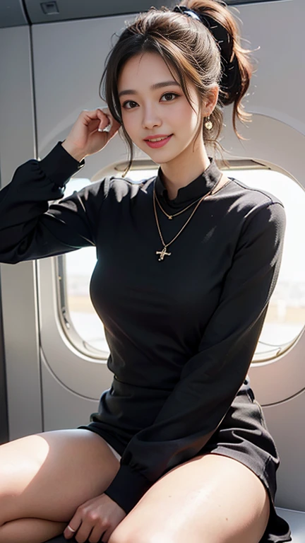 highest quality, Realistic, Very detailed, finely, High resolution, 8k wallpaper, Beautiful woman,, Light brown ponytail hair, stewardess, Perfect dynamic composition, finelyて美しい目, Realistic , smile, Model Body Type、Earrings,garnet necklace,(Wearing a watch 1),Beautiful feet,Sitting in an airplane seat、talk、Chatting,Full Body Shot:1.3,Smile and laugh,