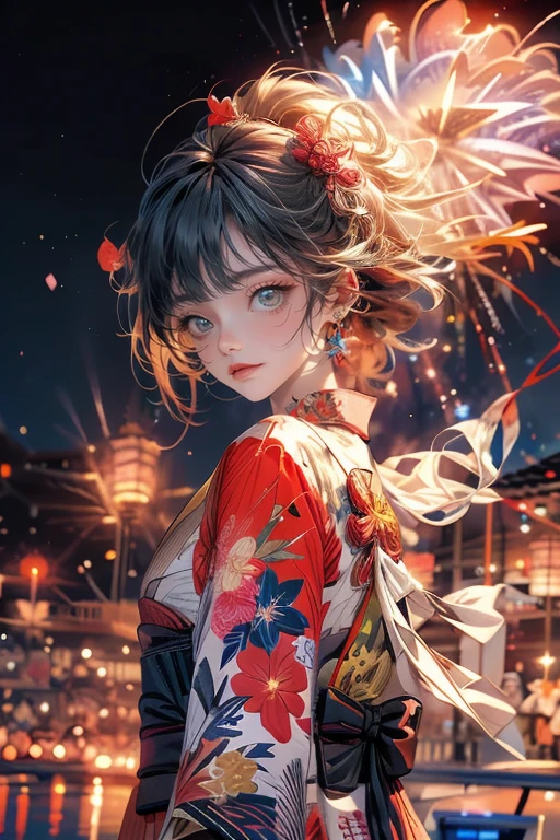 1girl,solo,cute,she is wearing yukata,background fireworks,flashy,vivid flash,brilliant flash,night,sea
