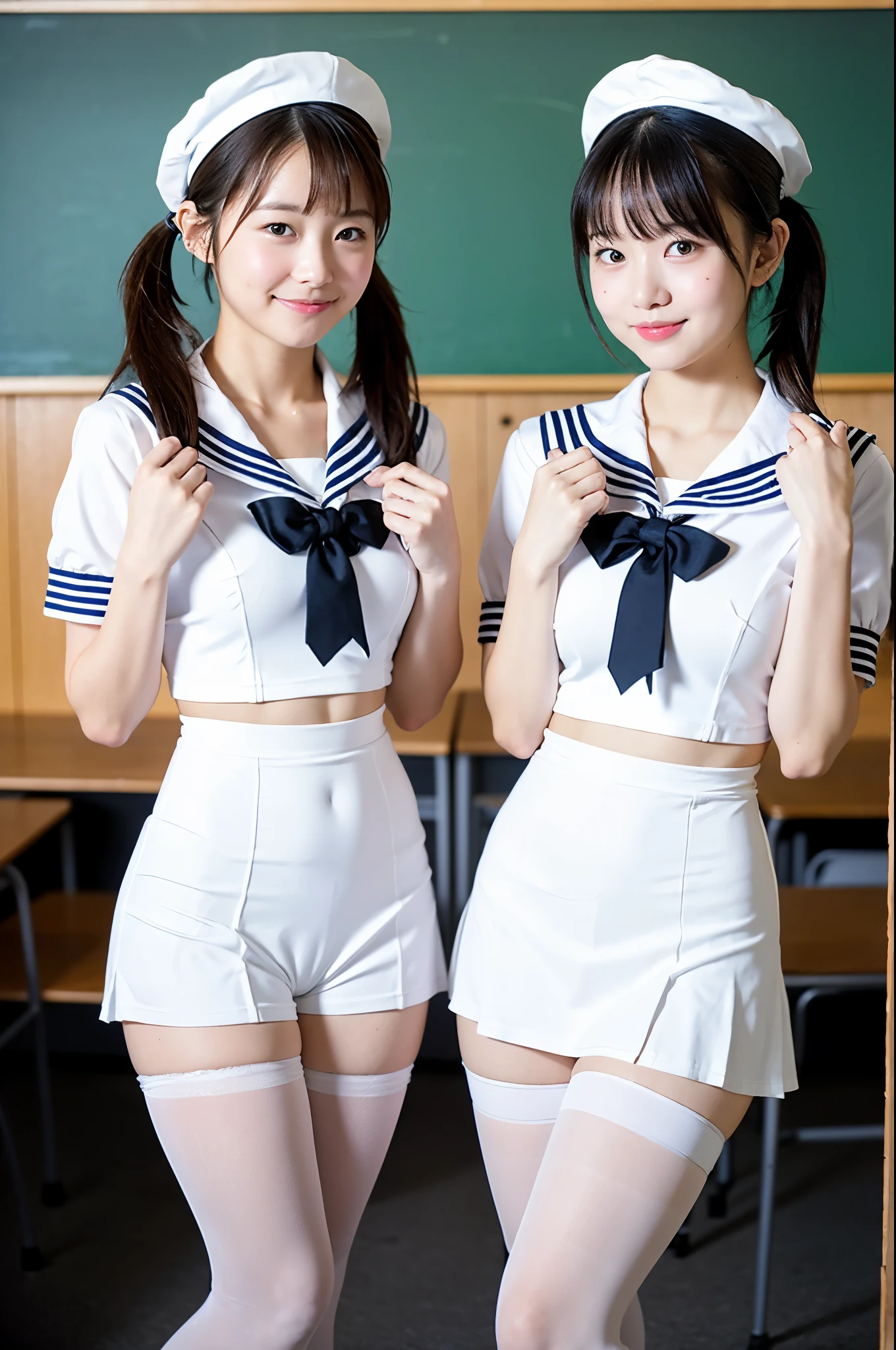 2 girls standing in school classroom,white unitard with sailor collar,break,18-year-old,bangs,a little smile,thighs,knees,break,short hair with low pigtails,from before,front light