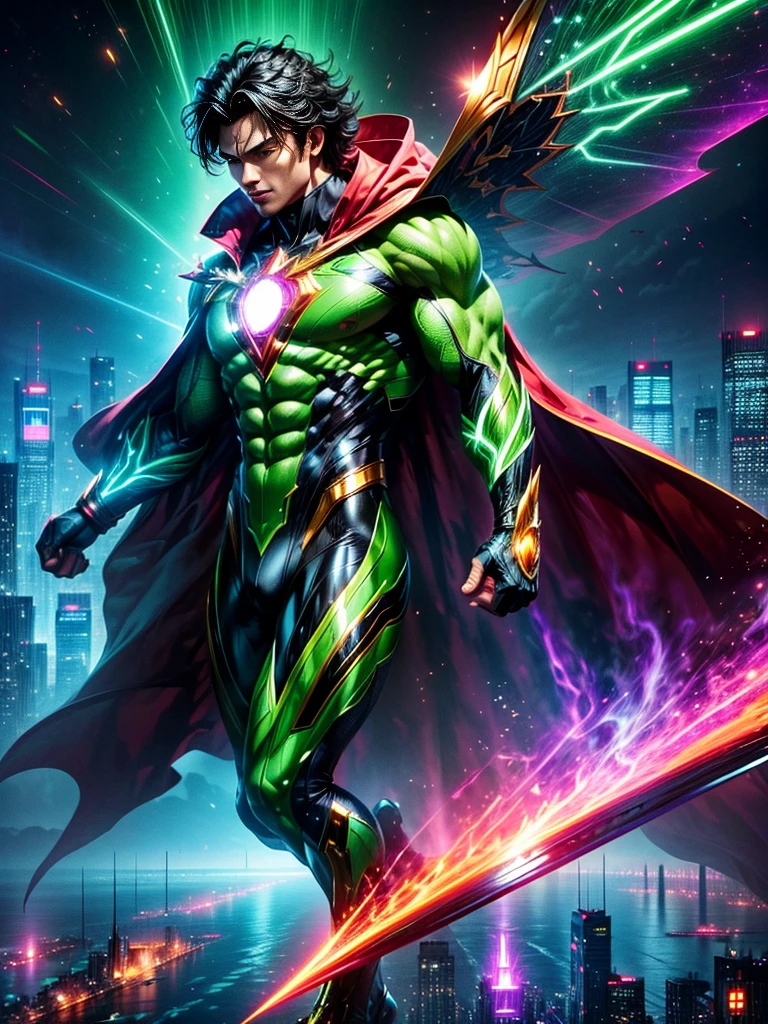 Imagine a superhero with a diverse array of powers. This superhero has a shiny green suit emblazoned with a golden lightning bolt symbol. Their helmet is designed with sleek wings on both sides. The superhero is Asian male with muscular build. He has laser-beaming eyes, and his hands glow as if he can release energy blasts. Besides these, he also has the ability to fly and possesses super-human strength. An iconic visual element is the large, elaborate cape flowing behind him. The background is a bustling metropolitan cityscape at dusk with skyscrapers reach into the purple and orange evening sky.
