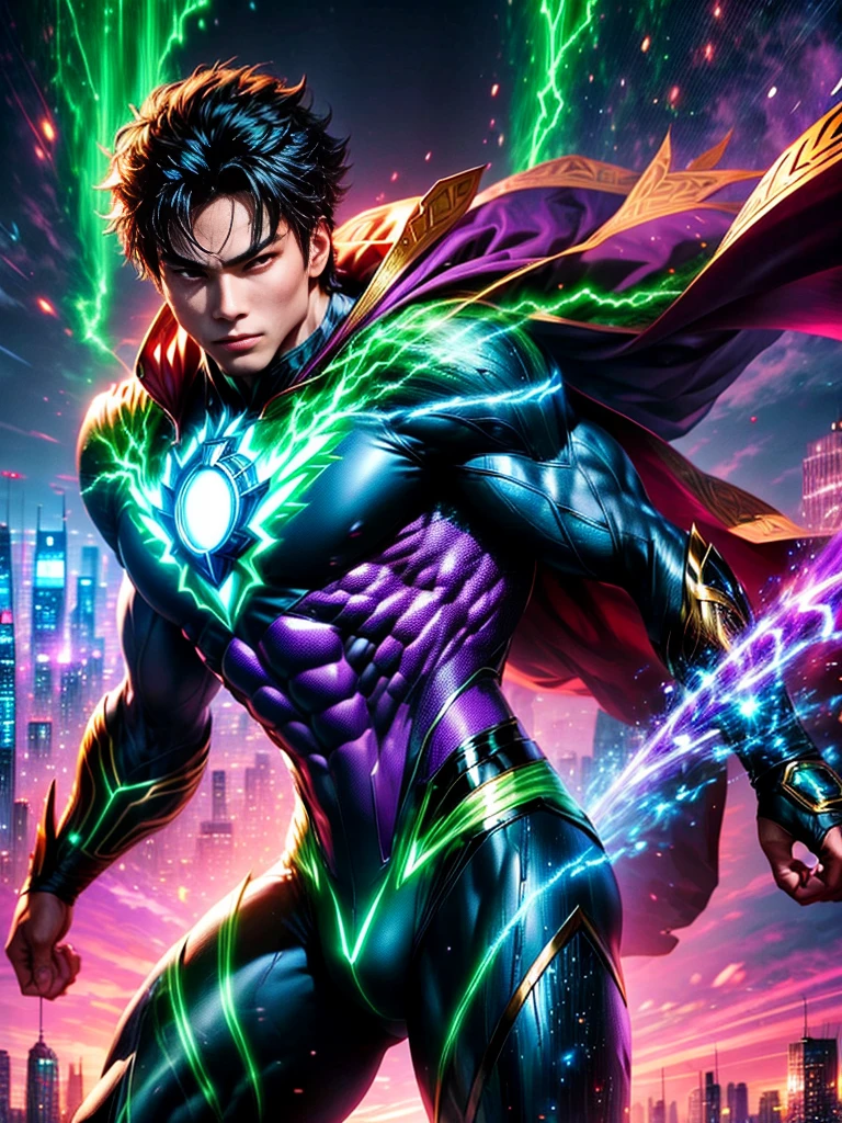 Imagine a superhero with a diverse array of powers. This superhero has a shiny green suit emblazoned with a golden lightning bolt symbol. Their helmet is designed with sleek wings on both sides. The superhero is Asian male with muscular build. He has laser-beaming eyes, and his hands glow as if he can release energy blasts. Besides these, he also has the ability to fly and possesses super-human strength. An iconic visual element is the large, elaborate cape flowing behind him. The background is a bustling metropolitan cityscape at dusk with skyscrapers reach into the purple and orange evening sky.