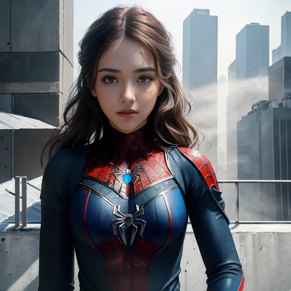 (1girl:1.3), Solo, (((Very detailed face)))), ((Very detailed eyes and face)))), Beautiful detail eyes, Body parts__, Official art, Unified 8k wallpaper, Super detailed, beautiful and beautiful, beautiful, masterpiece, best quality, original, masterpiece, super fine photo, best quality, super high resolution, realistic realism, sunlight, full body portrait, amazing beauty, dynamic pose, delicate face, vibrant eyes, (from the front), She wears Spider-Man suit, red and black color scheme, spider, very detailed city roof background, rooftop, overlooking the city, detailed face, detailed complex busy background, messy, gorgeous, milky white, highly detailed skin, realistic skin details, visible pores, clear focus, volumetric fog, 8k uhd, DSLR, high quality, film grain, fair skin, photo realism, lomography, futuristic dystopian megalopolis, translucent