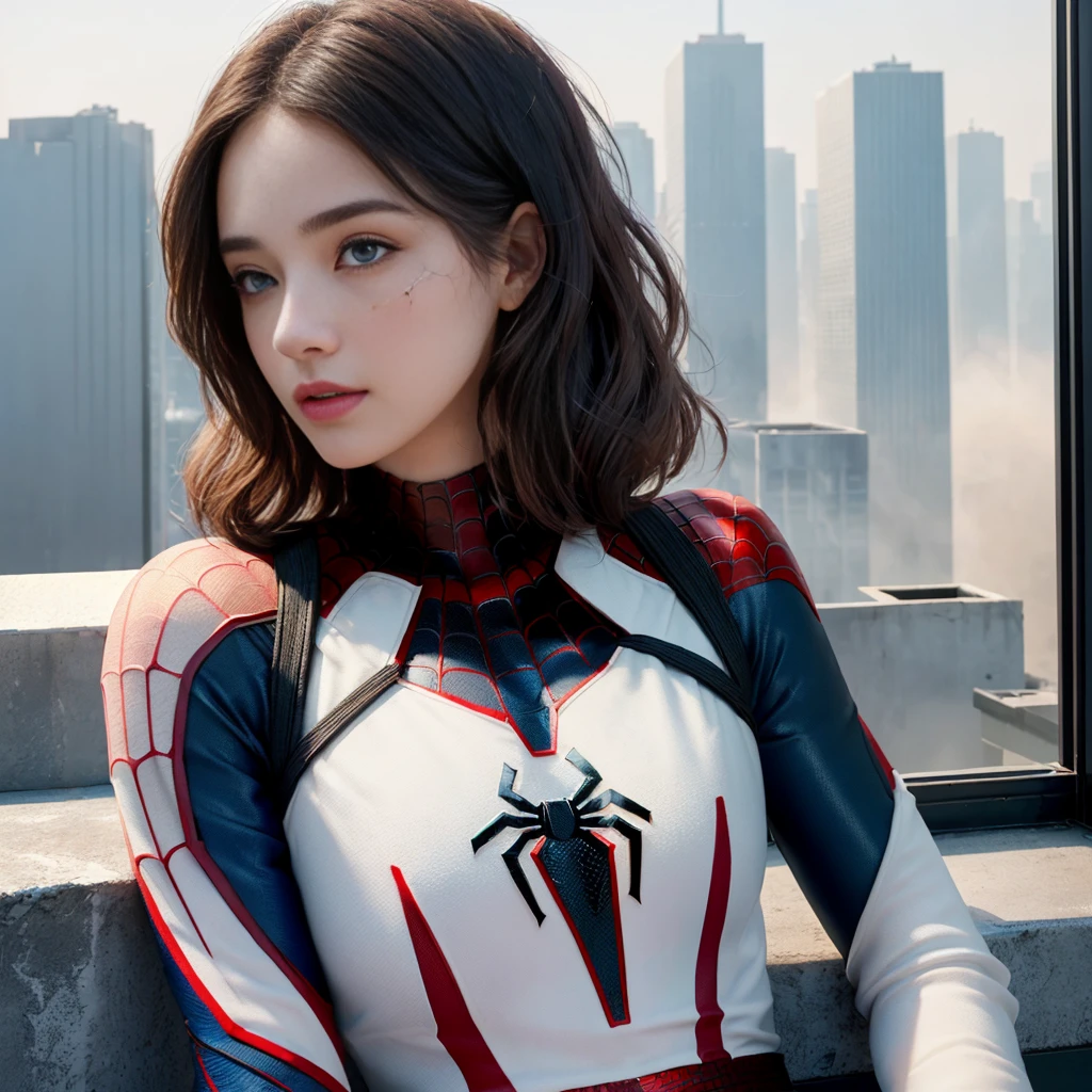 (1girl:1.3), Solo, (((Very detailed face)))), ((Very detailed eyes and face)))), Beautiful detail eyes, Body parts__, Official art, Unified 8k wallpaper, Super detailed, beautiful and beautiful, beautiful, masterpiece, best quality, original, masterpiece, super fine photo, best quality, super high resolution, realistic realism, sunlight, full body portrait, amazing beauty, dynamic pose, delicate face, vibrant eyes, (from the front), She wears Spider-Man suit, red and black color scheme, spider, very detailed city roof background, rooftop, overlooking the city, detailed face, detailed complex busy background, messy, gorgeous, milky white, highly detailed skin, realistic skin details, visible pores, clear focus, volumetric fog, 8k uhd, DSLR, high quality, film grain, fair skin, photo realism, lomography, futuristic dystopian megalopolis, translucent