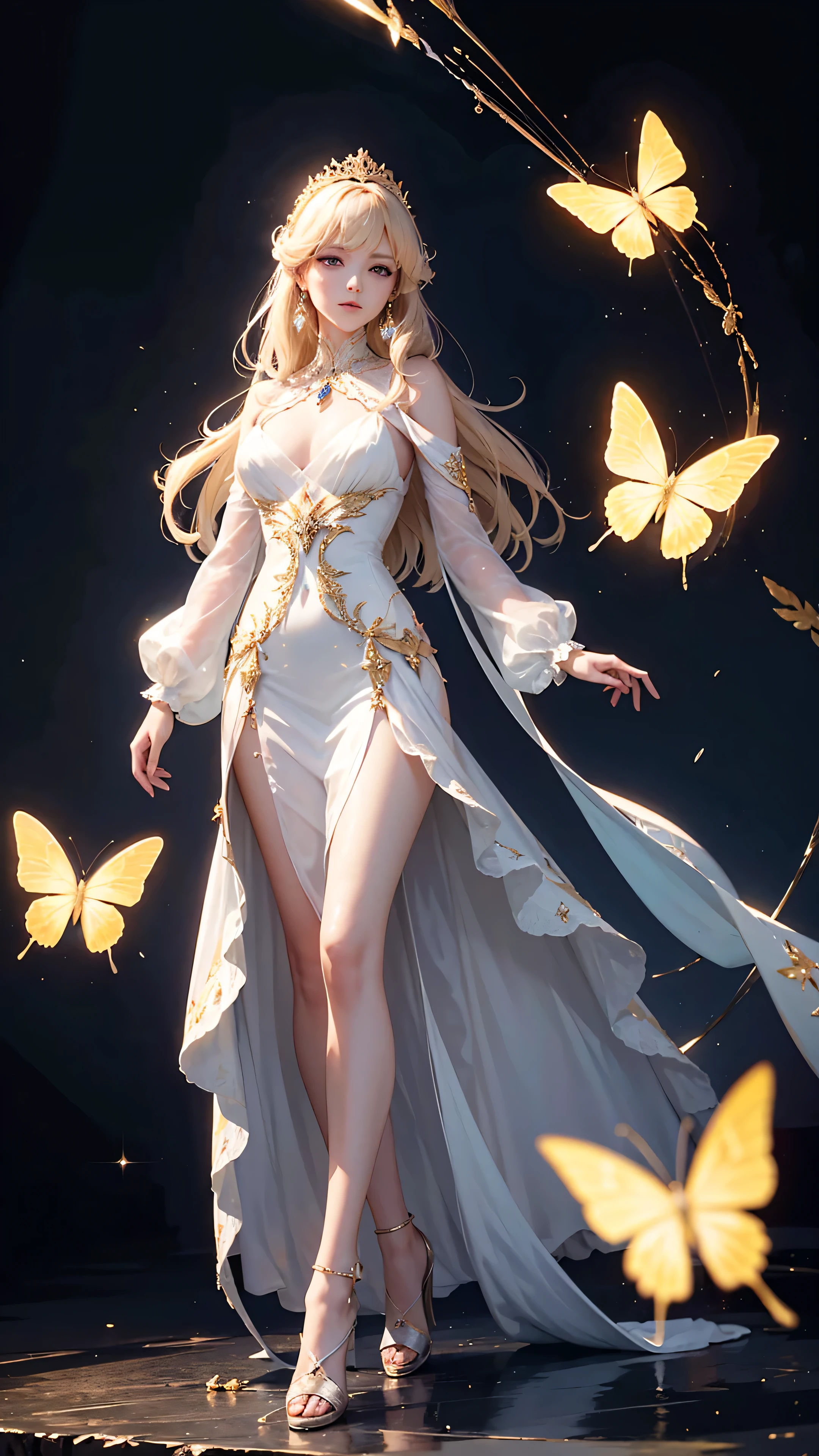 Super luxurious dress with lots of jewellery,European princess dresses,Princess Europe , Sad facial expression, elegant posing style, Noble princess dress, white dress, white princess glass shoes, golden yellow butterfly particles, firefly atmosphere,background blur, anime style 4 K, anime fantasy artwork, dark royal background, 4k anime wallpaper,HD lighting and dark )<=(epic image quality)dark atmosphere with bright particle light(many effects in background)