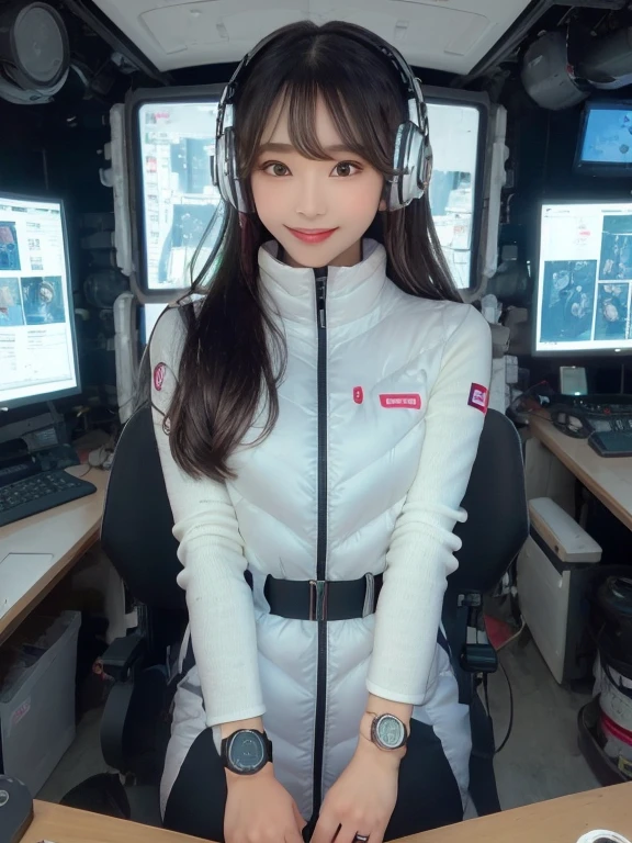 masterpiece, highest quality, Very detailed, 8K Portrait,Japanese Android Girl,plump , Control panel,Robotic arms and legs, Blunt bangs,,break (Metallic Gray, Metallic luster, Mirror finish, Astro Best):5,headphone:5,break (Black sleeves):100,Smart Watches,Futuristic space station,Control Room,break headphone,blue eyes,(Black Hair):2,(Long Hair):1.3,View the viewer,(respirator),break blush:3,Hidden Hand,smile