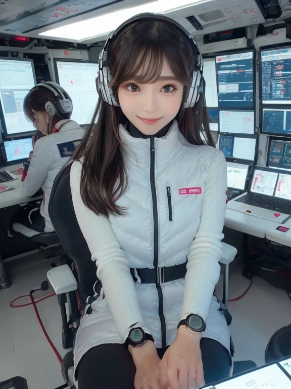 masterpiece, highest quality, Very detailed, 8K Portrait,Japanese Android Girl,plump , Control panel,Robotic arms and legs, Blunt bangs,,break (Metallic Gray, Metallic luster, Mirror finish, Astro Best):5,headphone:5,break (Black sleeves):100,Smart Watches,Futuristic space station,Control Room,break headphone,blue eyes,(Black Hair):2,(Long Hair):1.3,View the viewer,(respirator),break blush:3,Hidden Hand,smile