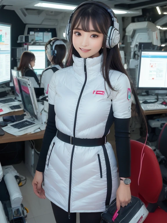masterpiece, highest quality, Very detailed, 8K Portrait,Japanese Android Girl,plump , Control panel,Robotic arms and legs, Blunt bangs,,break (Metallic Gray, Metallic luster, Mirror finish, Astro Best):5,headphone:5,break (Black sleeves):100,Smart Watches,Futuristic space station,Control Room,break headphone,blue eyes,(Black Hair):2,(Long Hair):1.3,View the viewer,(respirator),break blush:3,Hidden Hand,smile