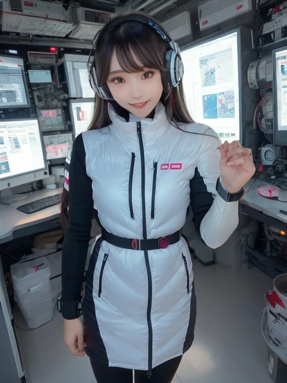 masterpiece, highest quality, Very detailed, 8K Portrait,Japanese Android Girl,plump , Control panel,Robotic arms and legs, Blunt bangs,,break (Metallic Gray, Metallic luster, Mirror finish, Astro Best):5,headphone:5,break (Black sleeves):100,Smart Watches,Futuristic space station,Control Room,break headphone,blue eyes,(Black Hair):2,(Long Hair):1.3,View the viewer,(respirator),break blush:3,Hidden Hand,smile