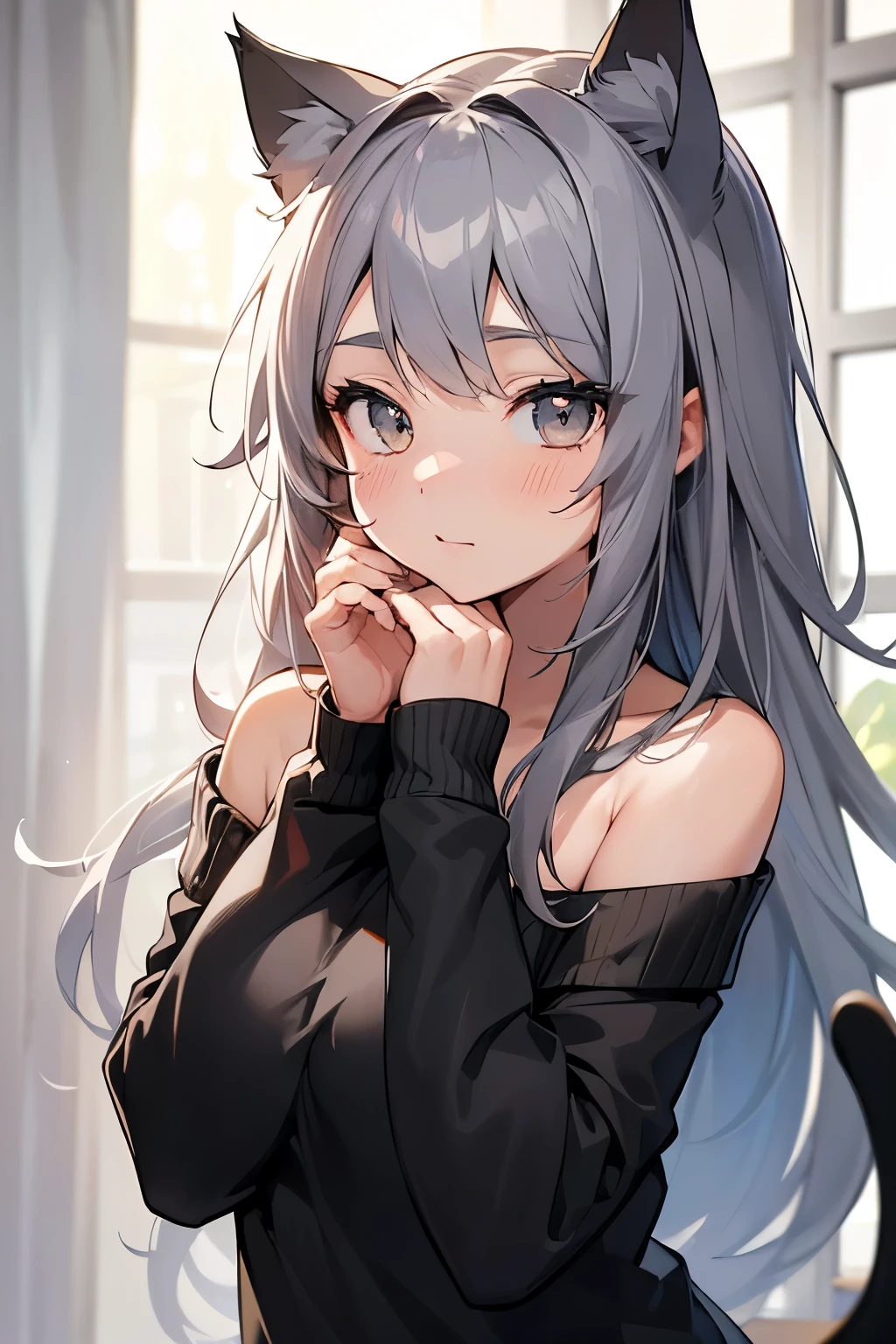 ((最high quality)), ((masterpiece)), (Very detailed:1.3),1 girl,Age 25,超High resolution, retina, masterpiece, Accurate, Anatomically correct, Rough skin, Very detailed, Advanced Details, high quality, Awards, high quality, High resolution, High resolution, 4K,(anime,8k,masterpiece, high quality, high quality,beautiful:1.2,Professional Illustration:1.1,Very detailed:1.3,Perfect lighting),Cute pose,(Gray Eyes:1.5),(Grey Hair),Long Hair,Ears hide,(Black cat ears:1.5),ヤンデレCute pose,layer clothes,(grey camisole:1.5),(overly long sleeves:1.5), (Black sweater:1.5),(off shoulder:1.5),Solid color background,(hands on own cheek:1.5),
