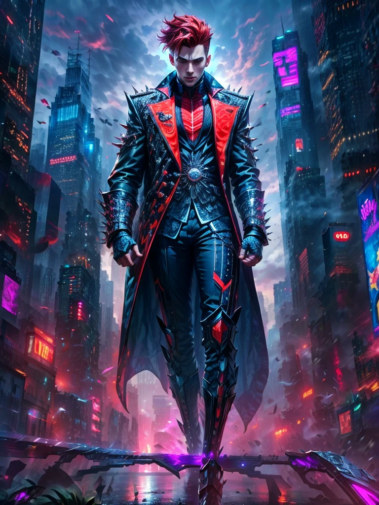 Imagine a supervillain standing atop a tall skyscraper, looking down at the city below. The villain is male and Black, with bright red hair styled in a spiked, eye-catching cut. He's clad in a dazzling, futuristic attire color-coordinated in shades of vibrant violet and electric blue, accented with gleaming silver metallic pieces. His facial expression is one of determined ambition, a sign of his longing for conquest. His eyes, an eerie luminous green, exude an unsettling sense of power. Around him, the slow swirl of dark clouds darken the skies, juxtaposing his vibrant attire and highlighting the imminent danger his presence suggests.