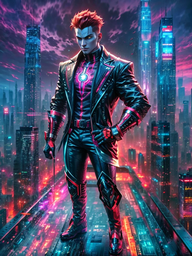 Imagine a supervillain standing atop a tall skyscraper, looking down at the city below. The villain is male and Black, with bright red hair styled in a spiked, eye-catching cut. He's clad in a dazzling, futuristic attire color-coordinated in shades of vibrant violet and electric blue, accented with gleaming silver metallic pieces. His facial expression is one of determined ambition, a sign of his longing for conquest. His eyes, an eerie luminous green, exude an unsettling sense of power. Around him, the slow swirl of dark clouds darken the skies, juxtaposing his vibrant attire and highlighting the imminent danger his presence suggests.