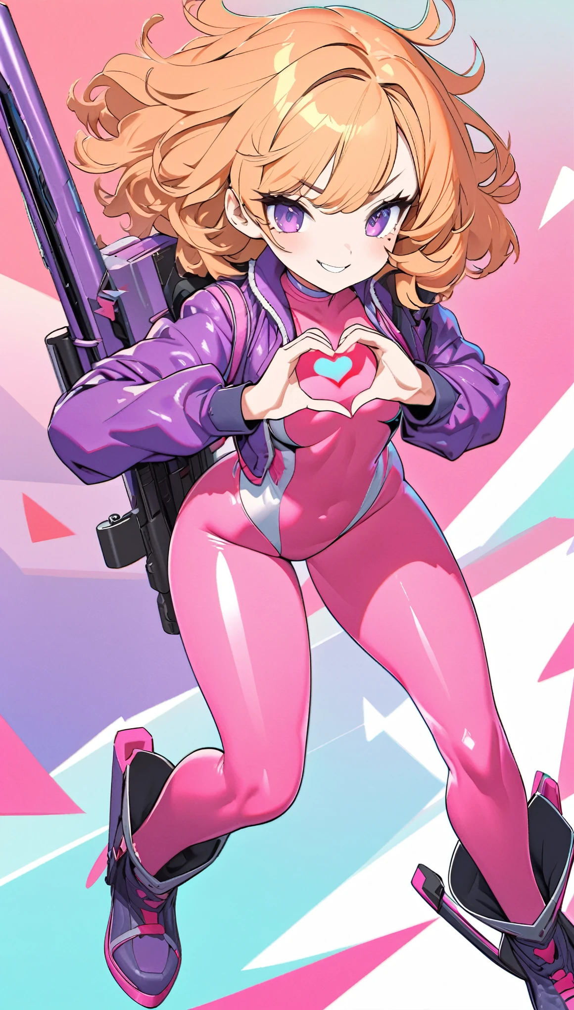 like pop art, best quality, super fine, 16k, incredibly absurdres, extremely detailed, delicate and dynamic, cute female fighter, awkward smile, orange messy wavy short hair, purple eyes, pink seamless turtleneck full bodysuit, purple short down jacket, purple long boots, heart shaped hand mark, wind, wind-effect, background pastel colored lab factory, mysterious pop-shaped long gun