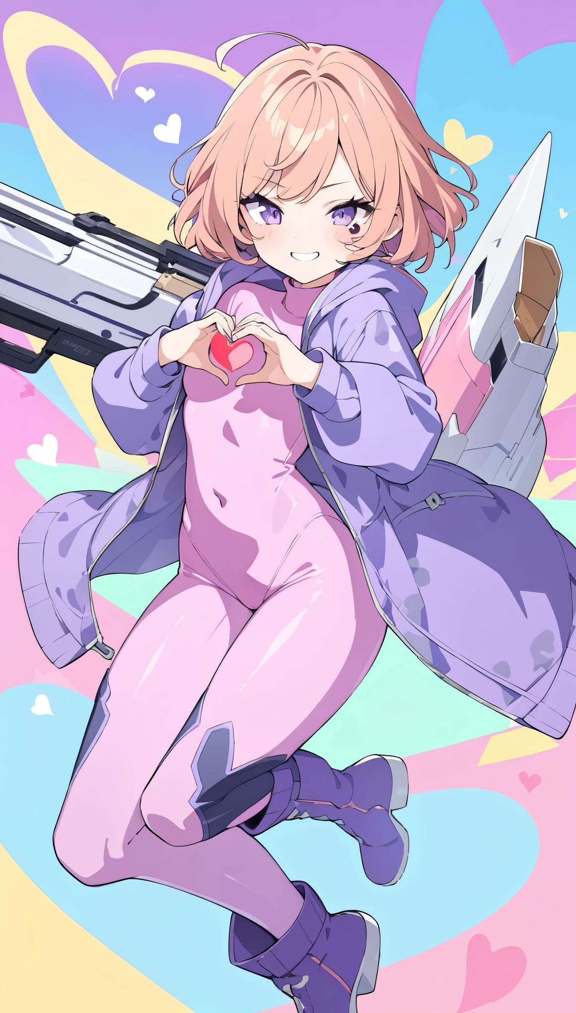 like pop art, best quality, super fine, 16k, incredibly absurdres, extremely detailed, delicate and dynamic, cute female fighter, awkward smile, orange messy wavy short hair, purple eyes, pink seamless turtleneck full bodysuit, purple short down jacket, purple long boots, heart shaped hand mark, wind, wind-effect, background pastel colored lab factory, mysterious pop-shaped long gun
