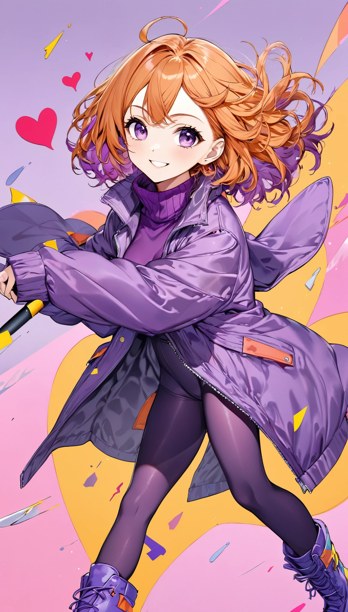 like pop art, best quality, super fine, 16k, incredibly absurdres, extremely detailed, delicate and dynamic, cute female fighter, awkward smile, orange messy wavy short hair, purple eyes, pink seamless turtleneck full bodysuit, purple short down jacket, purple long boots, heart, wind, wind-effect, background pastel colored lab factory, mysterious pop-shaped long gun