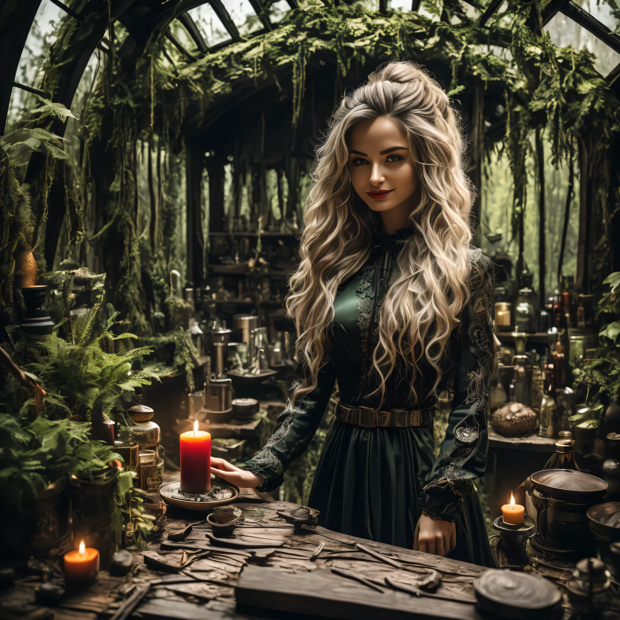 beautiful girl, 26 years old, blonde, long hair, green eyes, red lips, big breast, evil smiling, red-black gothic dress, (in an abandoned hut in the forest), oven, candle, witch's cauldron, potions, herbs, mushrooms, table, blood, knife, (dark atmosphere), evil atmosphere, (detailed background:1.5), (intricate environment details), (hyperdetailed), (detailed skin and hair texture)+++, (ultra realism), (8K UHD), (ultra quality), (dslr)