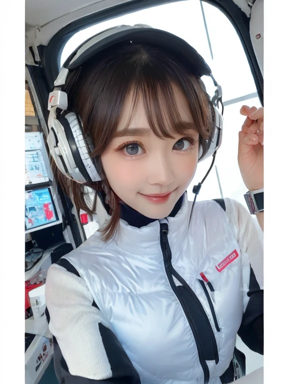 masterpiece, highest quality, Very detailed, 8K Portrait,Japanese Android Girl,plump , Control panel,Robotic arms and legs, Blunt bangs,,break (Metallic Gray, Metallic luster, Mirror finish, Astro Best):5,headphone:5,break (Black sleeves):100,Smart Watches,Futuristic space station,Control Room,break headphone,blue eyes,(Black Hair):2,(Long Hair):1.3,View the viewer,(respirator),break blush:3,Hidden Hand,smile